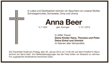 Traueranzeige von Anna Beer von Pegnitz-Zeitung